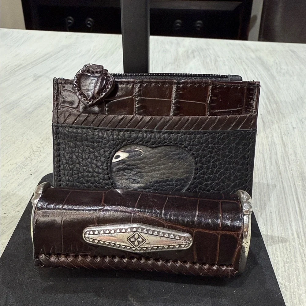 Brighton Crocodile Black and Brown Leather Card Holder Lipstick Case Set